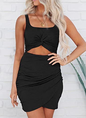 Acelitt Summer Dresses for Women 2025 Cut Out Twist Front Ruched Wrap Bodycon Sleeveless Party Club Mini Dress Beach Sundress3