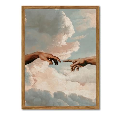 Image of Vintage Wall Art Christian God Hand Wall Decor Painting The Creation of Adam Poster Canvas Prints Religious Creation Artwork for Prayer Room Living Bedroom 12x16 inch Wood Framed