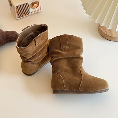 Ankle Cowboy Boots for Girls Faux Suede Flat Mid Calf Boots Pull on Round Toe Short Booties Comfort Fall Winter Shoes2