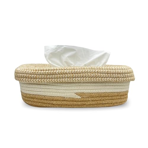 Image of BOBBINY Jute Cotton Tissue Box Holder, Handcrafted Tissue Container for 100 Pulls Natural Tissue Holder for Office Living Bedroom Car Desk Dining Table Home Decor (Off White & Brown, Design 7)