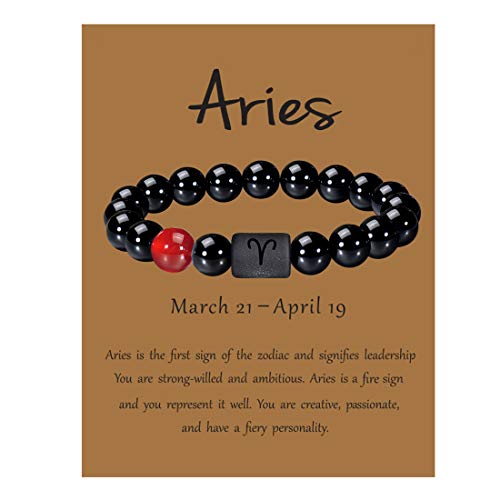 VLINRAS Zodiac Aries Bracelet for Men Women Aries Gifts Natural Black Onyx Stone Zodiac Charm Bracelet Constellation Horoscope Jewelry