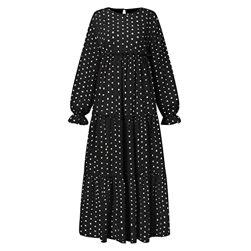 Firzero Vestido longo xadrez vintage feminino, vestido de gola redonda com manga longa lanterna, ves