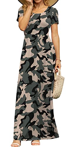 Image of DB MOON Womens 2026 Casual Summer Maxi Dresses Short Sleeve Empire Waist Spring Long Dress with Pockets(Camouflage 01, S)