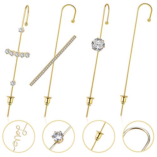 Ear Wrap Crawler Hook Earrings For Women Girls Fashion Gold Plated Cuff Earring Hypoallergenic Piercing Rhinestone Ear Jewelry (4pcs)