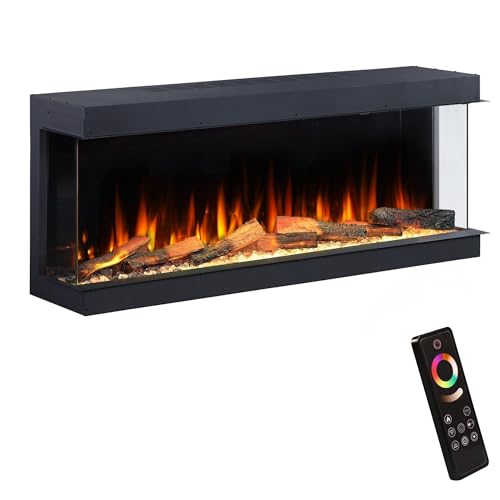 Endeavour Fires Deluxe Rosedale 3-Sided Media Wall Electric Fireplace, Smart Wi-Fi App & Remote Control, Fire Crackling Audio, Black Reflective Mirror, LED Log Set, 1.5kW Heater (60'') option
