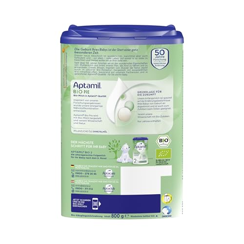Aptamil Bio Pre – Anfangsmilch von Geburt an – Pflanzliche Öle ohne Palmöl – 1 x 800 g