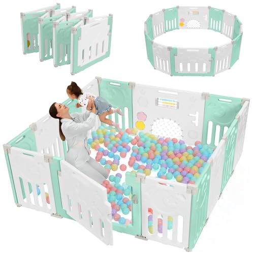 Dripex Parque Infantil Bebé, 150x150cm Corralito Bebé, Parque de Bebe, Corral para Bebe con Tablero de Juguete, Parque para Niños Antideslizante, Parque de Juegos, Cercado para Bebé, Verde y Blanco