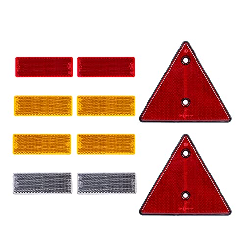 BEIJISTAR Trailer Reflectors Kit 2 x Red Triangle Reflectors Screw Fixing 2 x Red 4 x Yellow 2 x White Rectangular Self Adhesive Reflectors Reflectors for Gate Post Fence Trailer Truck RV Caravan