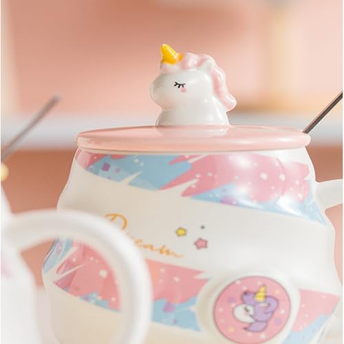 Image of Spooky Unicorn Ceramic Mug with Lid and Spoon - 400ml Cartoon Coffee Cup for Kids, Girls & Women - Gift for Birthday, Office, Christmas, Valentine's Day - Ins-Style Animal Tea Mug (Pink)