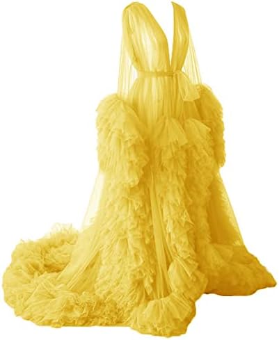 Tianzhihe Women's Tulle Robe Puffy Maternity Photoshoot Bridal Lingerie Bathgown Dressing Gown Sheer Long Yellow Large-X Large