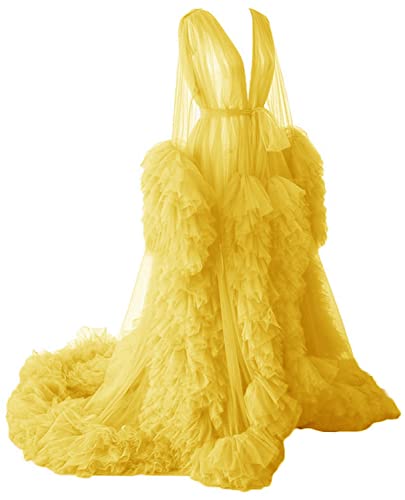 Tianzhihe Women's Tulle Robe Puffy Maternity Photoshoot Bridal Lingerie Bathgown Dressing Gown Sheer Long Yellow Large-X Large #TOP26