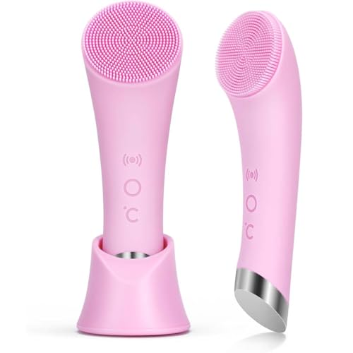 Facial Cleansing Brush PRITECH Heatable Vibrating Face Scrubber with Massage Silicone Face Scrubber for Women & Men Electric Facial Cleanser for Deep Cleansing Gentle Exfoliating (Pink)