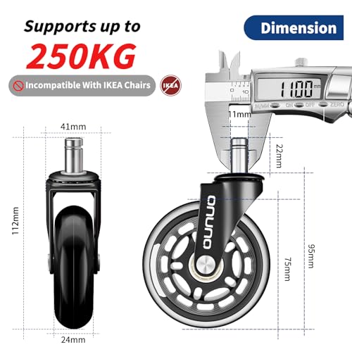 OUNUO 3 Inch Office Chair Casters Wheels Set of 5 Heavy Duty Rubber Smooth Quiet Swivel Chair Wheels for Most Office Gaming Chairs Safe Rolling for Hardwood Floors, Carpet, Laminate and Tiles, Black