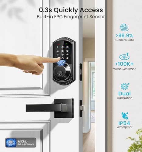 Veise VE07-L Fingerprint Smart Locks for Front Door with Zinc Alloy Handle Set, App Control, Keyless Entry, Electronic Digital Keypad Deadbolt, Auto Lock, Waterproof, Easy to Install, Matte Black