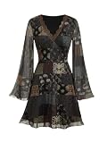 BEAUDRM Women's Vintage Dress Tribal Print Bell Long Sleeve Mesh Dress Scalloped V Neck High Waist A Line Dress Multicolor Medium