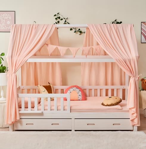 ALAVYA HOME Hausbett KOMPLETT Set I Kinderbett 80x160 cm mit Schubladen inkl. Deko und Matratze mit Rausfallschutz und Lattenrostt (Hellrosa - mit Matratze+Schubladen+Musselin DEKO, 80 x 160 cm)