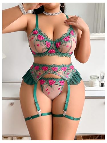 SOLY HUX Women's Plus Size Garter Lingerie Sexy Floral Mesh Push Up Bra and Panty Thongs Nightwear2