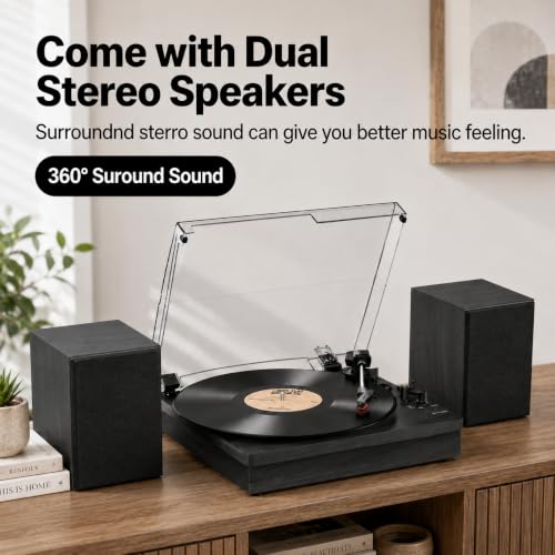 Image of Retrolife Record Player with 2 External Speakers, Vinyl Turntable, Black | 3-Speed Belt-Drive Turntable for 33 /45 /78 RPM Vinyl, Bluetooth Wireless Playback, Auto Stop, AUX Headphone Input and RCA Out