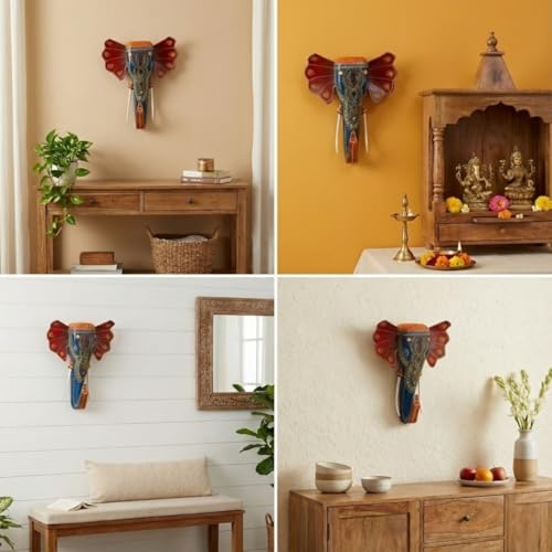 Image of ATRANGI STUDIO Handpainted Wooden Elephant Wall Decor | Ethnic Wooden Wall Art | Symbol of Strength & Wisdom | Wall Hanging for Home, Corridor & Balcony | Ready to Hang | 11 Inch, Blue