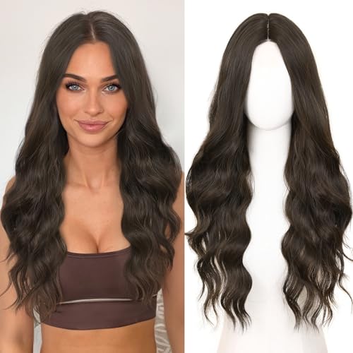 HANNE Long Wavy Dark Brown Wig Small Lace Synthetic Wig 26 Inch Natural Wavy Brown Wigs for White Women(Dark Brown) 26 Inch Dark Brown