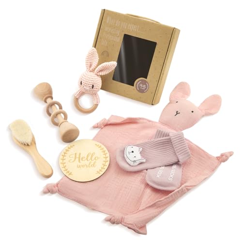 Neugeborenes Geschenk, 6-teilige Babygeschenkset-Mädchen-Set, Girl Girl Boy für Neugeborene, gewebte Glocke, Socken, Pinsel, Holzmeilenstein, Geschenkverpackung (Pink)