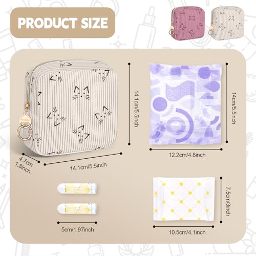 Image of Period Bag for Teen Girls, Corduroy Cute Cats Sanitary Napkin Storage Bag, Menstrual Pad Pouches Tampon Holder for Purse (Beige-Cats)