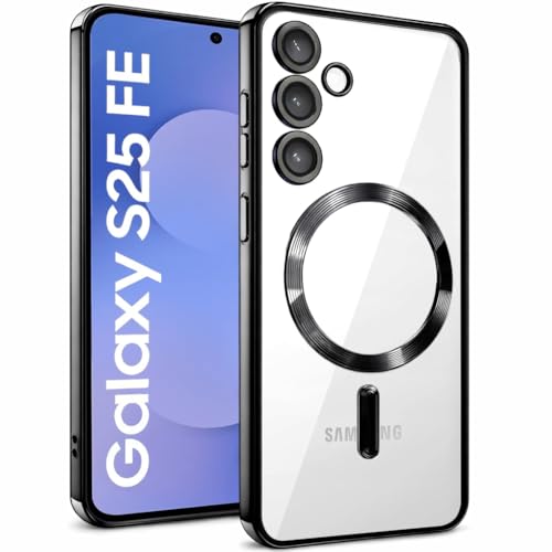 Image of VONZEE Clear Logo Electroplating Transparent Case for Samsung S25 FE 5G, Magnetic Plating [Support for MagSafe Charger] Electroplate TPU Cover, Individual Camera Protection for Each Lens - Black