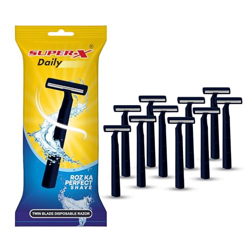 Image of SUPER-X Daily Shaving Razor for Men |Pack of -10| Twin Blade Disposable Razor with Protective Cover | Smooth & Comfortable Daily Shave | Anti-Slip Handle