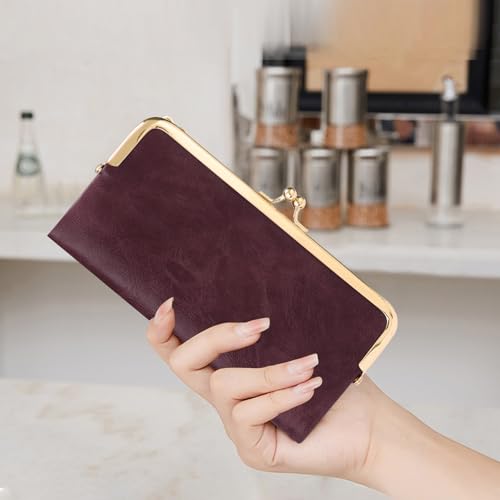 Image of GOIACII Womens Wallet Kiss Lock Bifold Leather Wallets for Women Vine Red | Vintage Wallet for Women,Ladies Clutch Purse,Women's Card Holder Wallet with Zipper