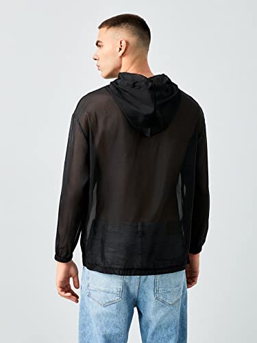 WDIRARA Men's Sheer Mesh See Through Drawstring Long Sleeve Hoodie with Pockets2