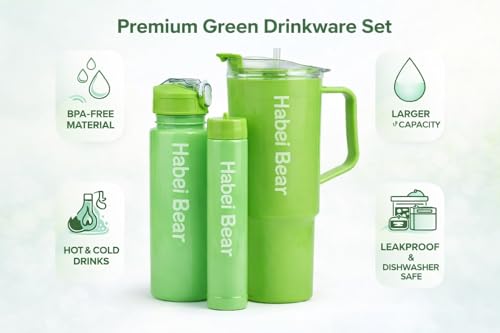 Image of Insulated Tumbler Set, Purpule Or Blue,1200ml /800ml /300ml, Double Wall with Straw and Handle, Hot Cold Drinks Coffee Water Bottles (Light Green)