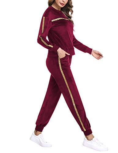 Sykooria Women's Velour Tracksuits 2 Piece Outfits Long Sleeve Pullover and Sweatpants Sweatsuit Set (Burgundy,M)