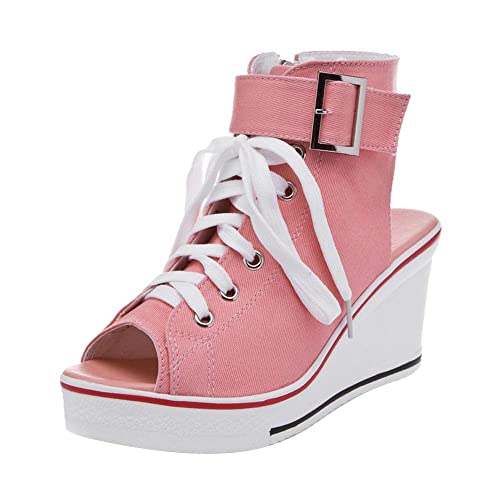 Image of OCHENTA Women's Peep Toe Wedge Sneakers Canvas Platform Shoes Side Zipper Lace up Buckle Fashion Sneakers Walking Shoes