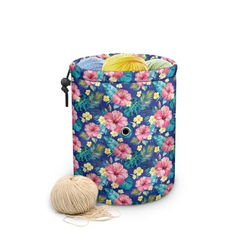 Image of Sellikakes Hawaiian Floral Yarn Organizer Bag Tropical Flower Storage Holder for Crochet Hooks Needles Store Skein Ball Short Knitting Needles