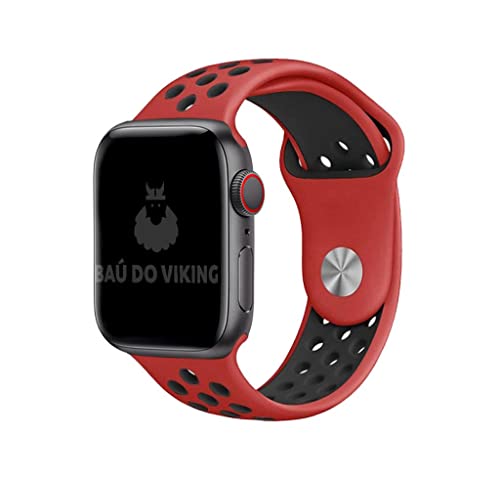 Pulseira Silicone Furos, compatível com Apple Watch (Vermelho Preto, 42/44/45 Grande)