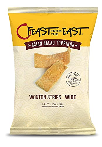 Feast From The East Wonton Strips 4 Oz - Asian Salad Topping - Restaurant Style Wide Cut - Crispy Crouton Alternative - All Natural No Preservatives - Certified Kosher (Pack of 1)