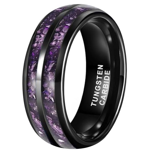 TUTISS 8mm Black Tungsten Rings for Men Women Purple Amethyst Inlay Fashion Engagement Promise Wedding Band Polished Comfort Fit Size 6