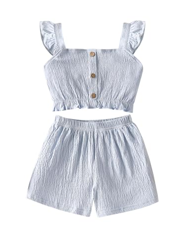 Image of Girl's Summer Clothing Sets Knit Ruffle Striped T-Shirt and Shorts 2 Piece Outfits