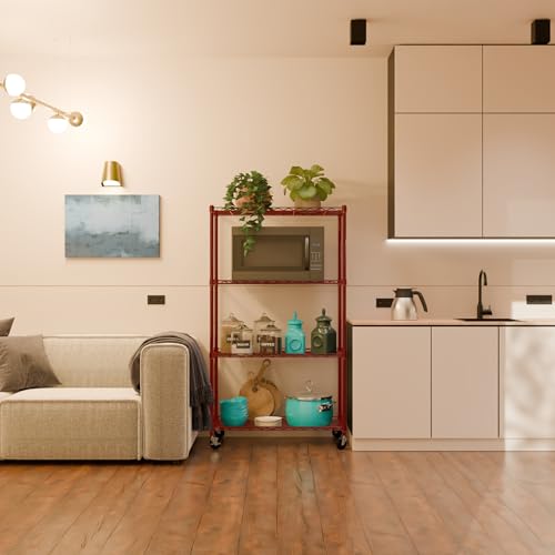 Image of 4-Shelves Wheels Heavy Duty Steel Storage Rack | Multipurpose Shelving Unit for Kitchen, Home & Utility (Red, 4 Shelves Wheels)