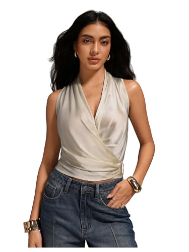 SHENHE Women's Satin Wrap Ruched Tie Side Tank Top Deep