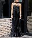 Women Bridesmaid Dress with Scarf Strapless Pleated Satin Flowy Formal Evening Gown Maxi Dresses,Black,M