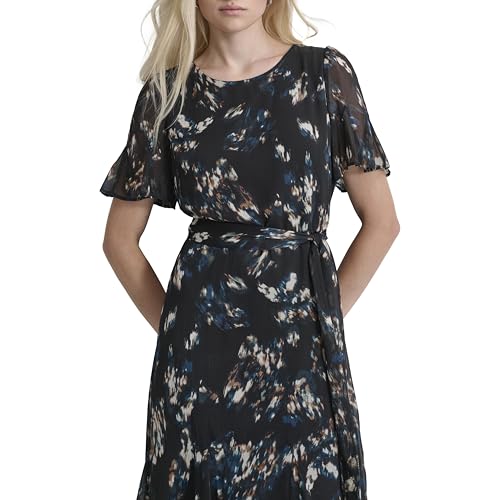 Image of DKNY Women's Flutter Sleeve Round Neck Waist Tie Midi Dress