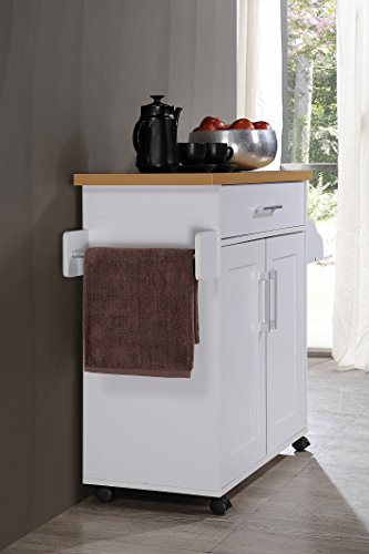 Hodedah Kitchen Island With Spice Rack, Towel Rack & Drawer, White With Beech Top #TOP1