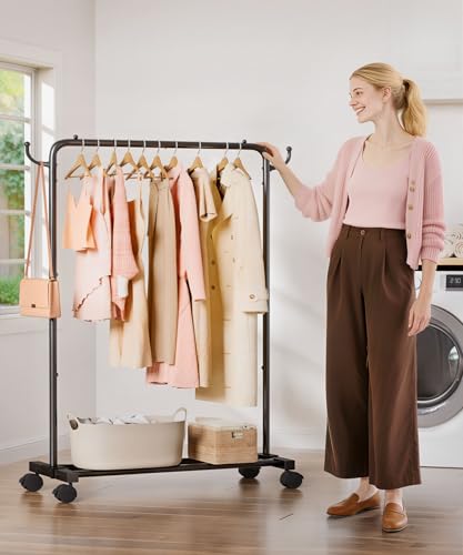 image for Homde Rolling Clothes Rack with Hooks: Standing Garment Storage for In