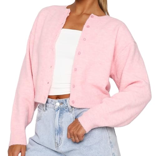 Image of Women Knit Cropped Cardigan Tops Long Sleeve Button Down Lightweight Bolero Sweater Tops