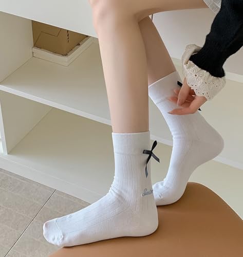 Image of Women's Bow Crew Socks - Cotton Sweet Lolita Dress Breathable Soft Girls' Socks - 3 Pairs