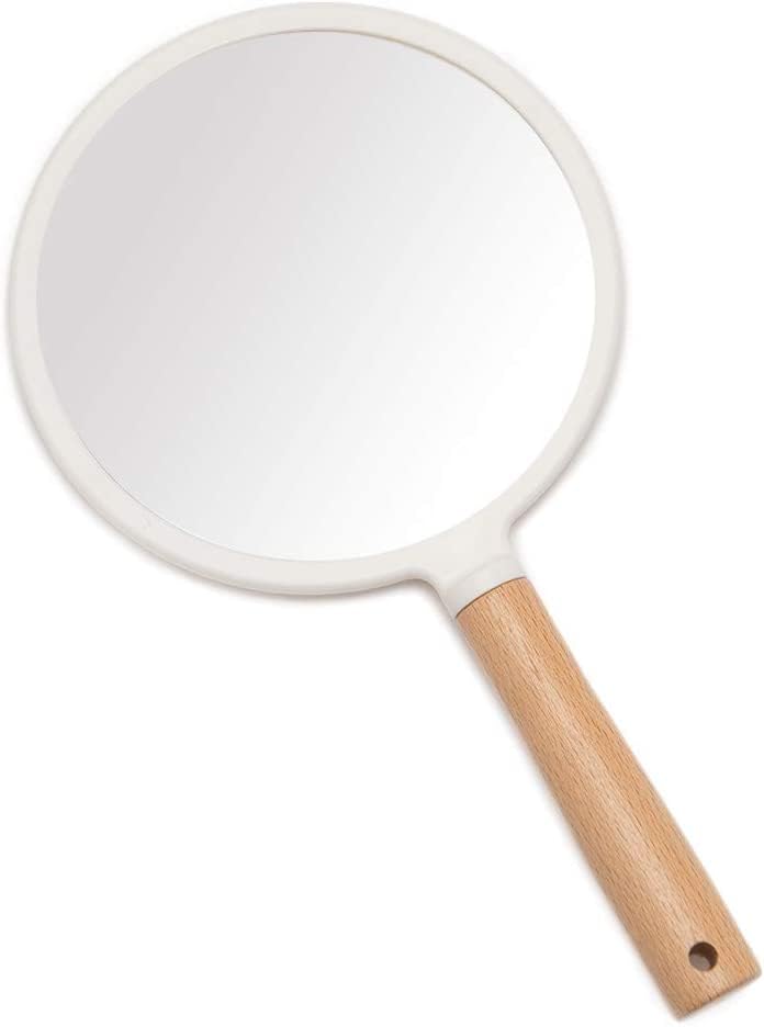 Hand Held Mirror with Handle for Makeup,Small Cute Wood Hand Mirror for Shaving with Hole Hanging Single-Sided Portable Travel Vanity Mirror for Men&Women (White, Round)-image-31