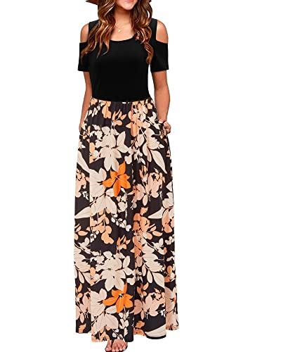 STYLEWORD Maxi Vestido de Verano con Hombros Descubiertos para Mujer Manga Corta Estampado Floral Elegante Vestido Maxi con Bolsillos(floral37 298,M)