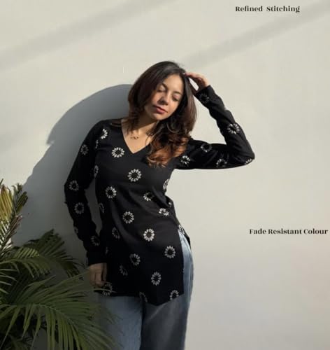 Image of FELISIA Women's Rayon Floral Printed Full Sleeves V-Neck Short Kurti, Bell Sleeves, Short Kurti for Woman, Stylish Ethnic Top, Daily Casual Western & Office wear
