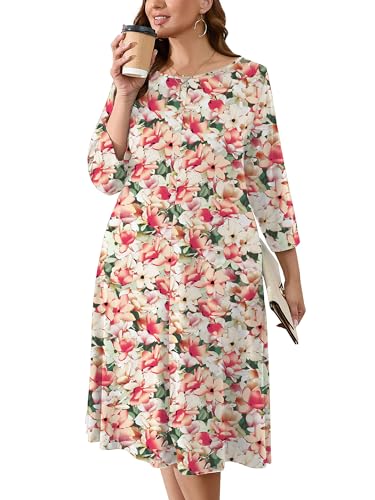 Image of AusLook Women's Plus Midi Dresses Crew Neck A Line 3 /4 Sleeves Casual Elegant Loose Wedding Vacation Dress with Pockets
